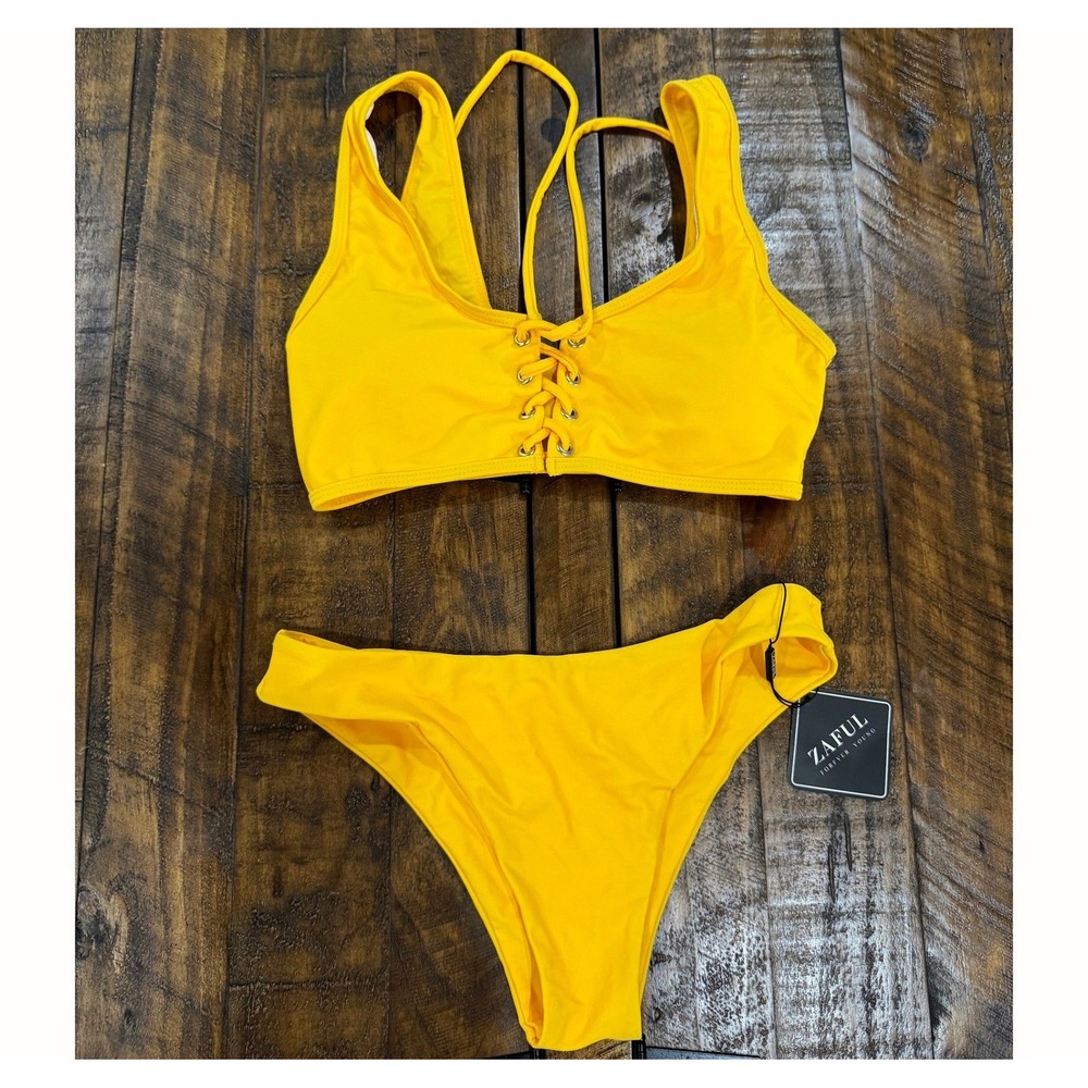 NWT Zaful Bikini Swimsuit Size 6 Yellow Lace Up Front Two Piece Set